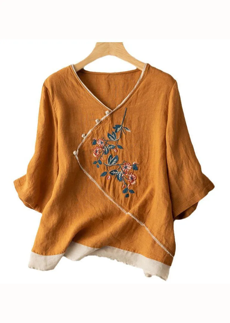 Fine Yellow V Neck Embroideried Patchwork Linen Tops Summer LY2920