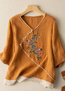 Fine Yellow V Neck Embroideried Patchwork Linen Tops Summer LY2920