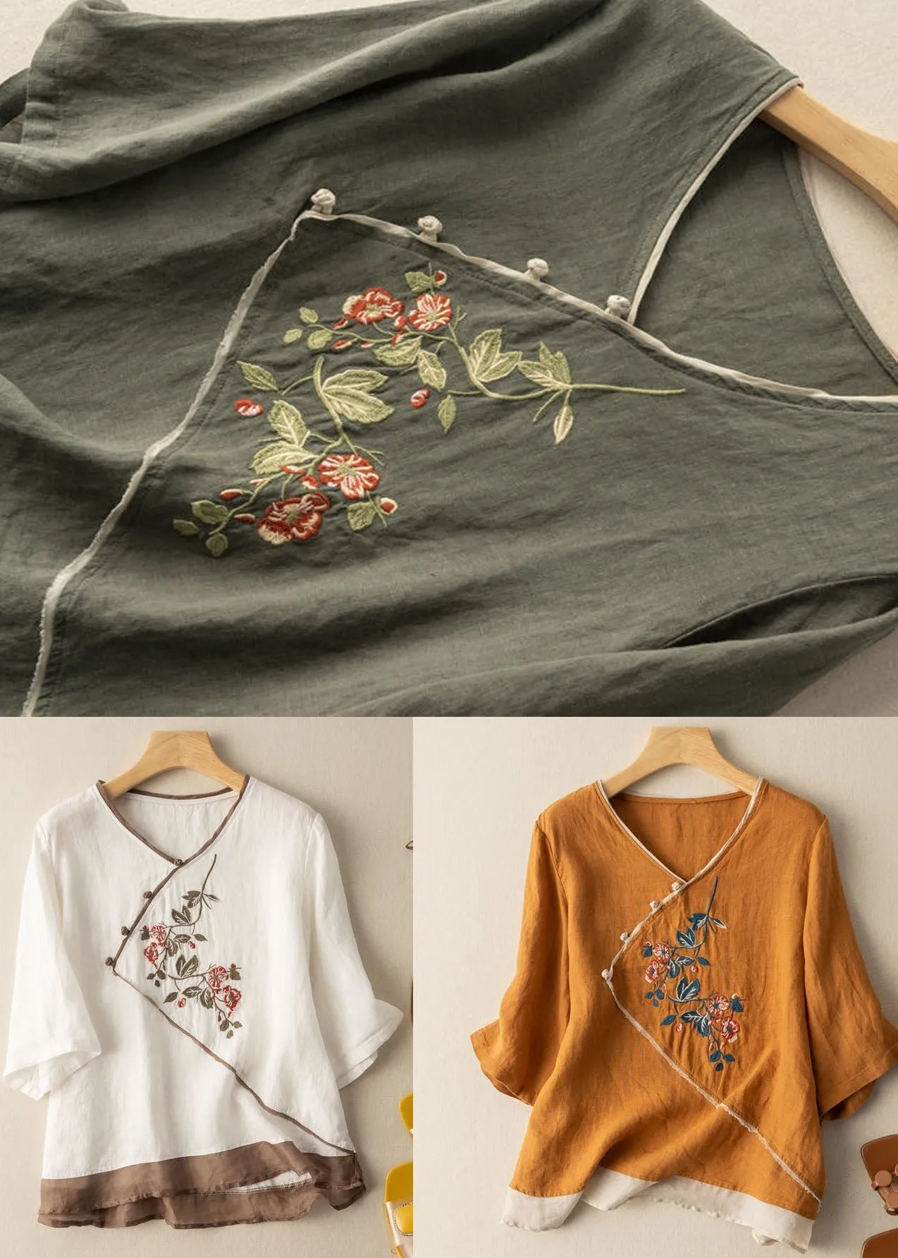 Fine Yellow V Neck Embroideried Patchwork Linen Tops Summer LY2920