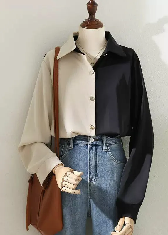 French Colorblock Peter Pan Collar Patchwork Chiffon Shirt Tops Spring AH358