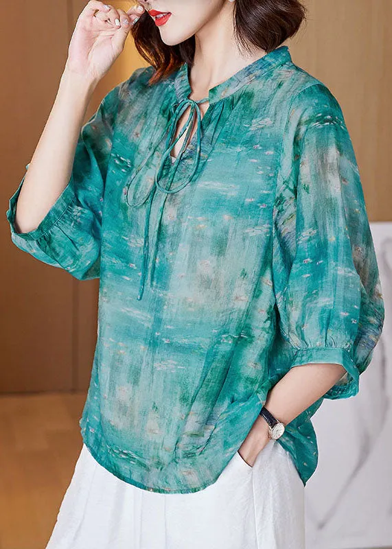 French Green Lace Up Print Patchwork Cotton T Shirt Tops Lantern Sleeve TF1049