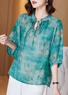 French Green Lace Up Print Patchwork Cotton T Shirt Tops Lantern Sleeve TF1049