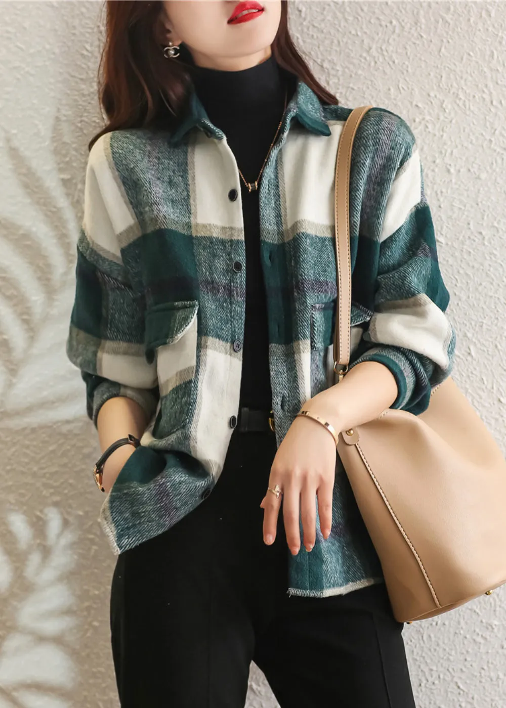 Green Plaid Peter Pan Collar Cotton Shirt Tops