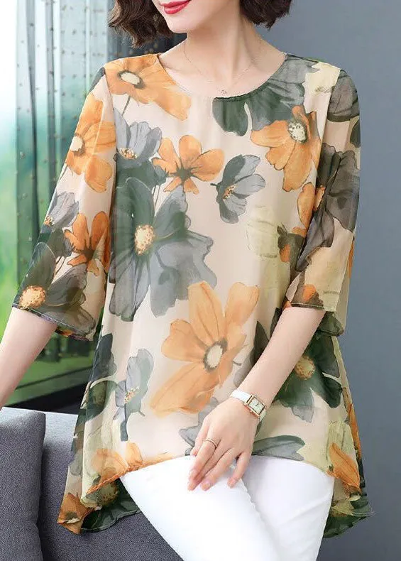 Green Print Patchwork Chiffon T Shirt Tops O Neck Summer LY6976