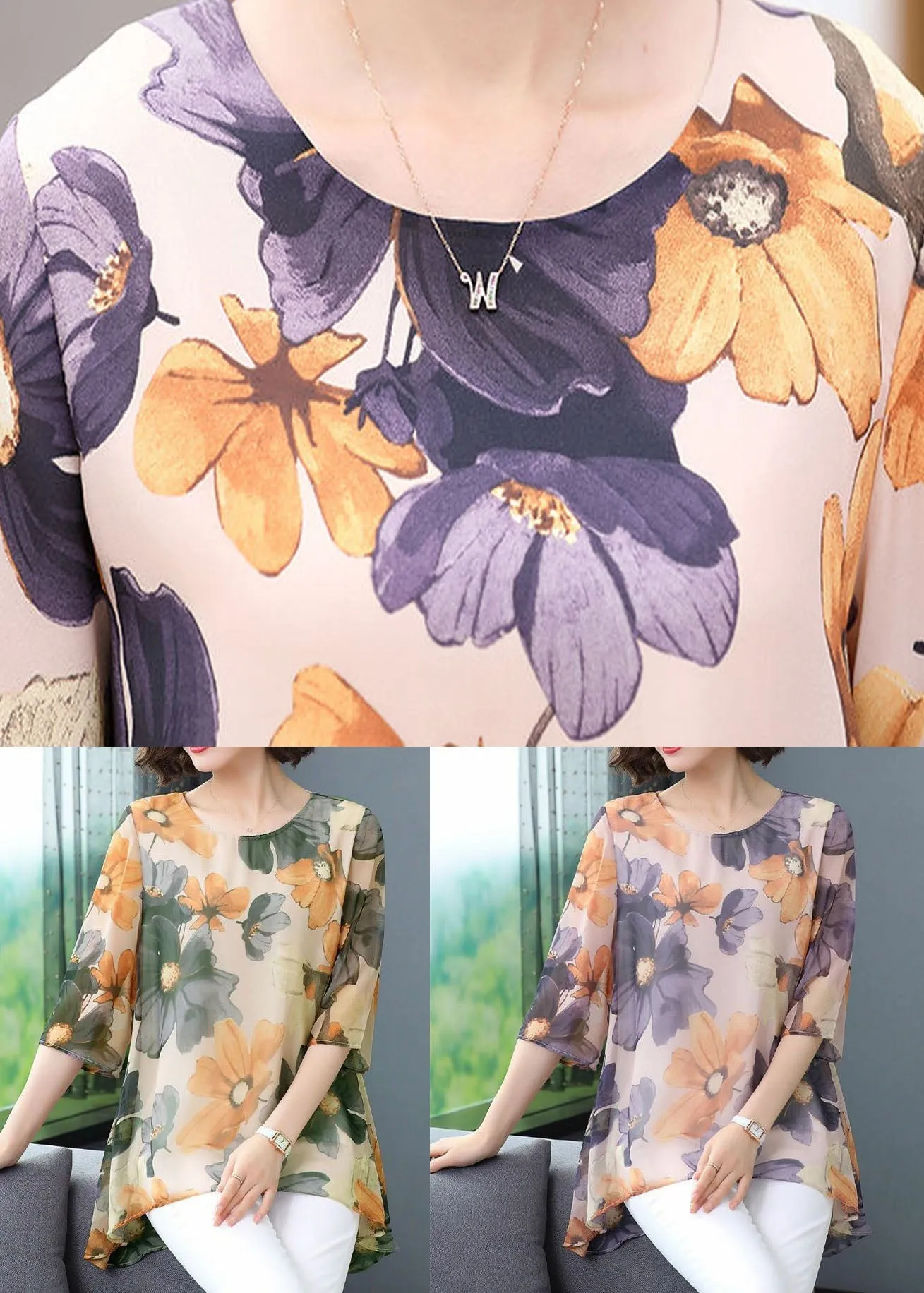 Green Print Patchwork Chiffon T Shirt Tops O Neck Summer LY6976