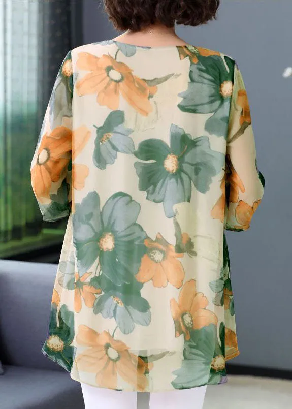 Green Print Patchwork Chiffon T Shirt Tops O Neck Summer LY6976