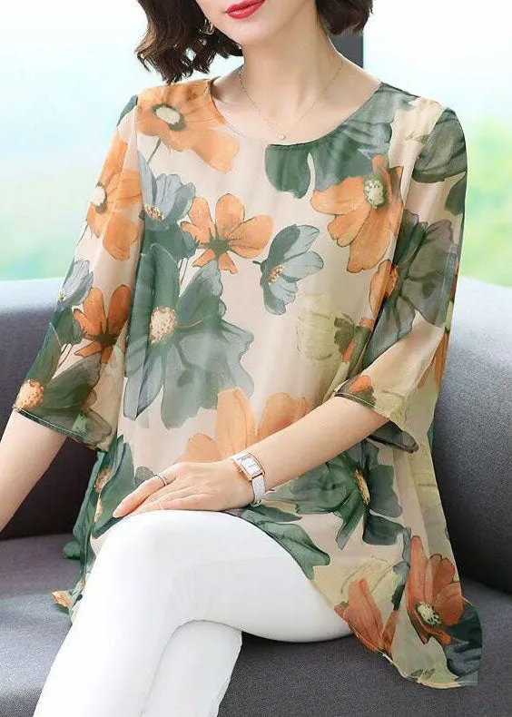 Green Print Patchwork Chiffon T Shirt Tops O Neck Summer LY6976