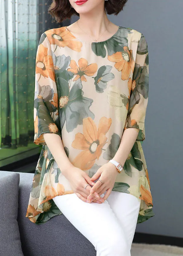 Green Print Patchwork Chiffon T Shirt Tops O Neck Summer LY6976