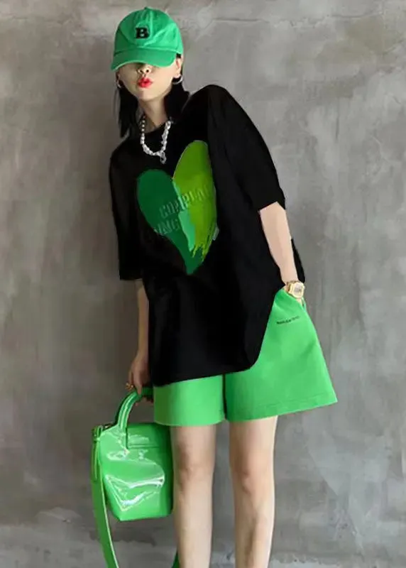 Green Print Patchwork Tops And Shorts Cotton Two-Piece Set O-Neck Short Sleeve LY8952