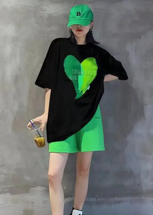 Green Print Patchwork Tops And Shorts Cotton Two-Piece Set O-Neck Short Sleeve LY8952