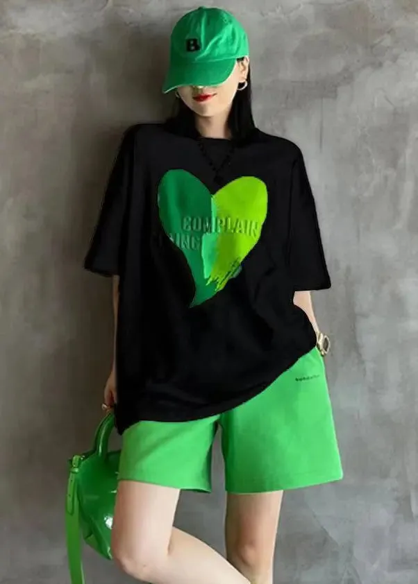 Green Print Patchwork Tops And Shorts Cotton Two-Piece Set O-Neck Short Sleeve LY8952