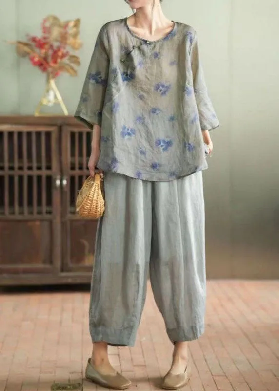 Grey Patchwork Linen Tops And Pants Two Pieces Set O Neck Summer LY4133