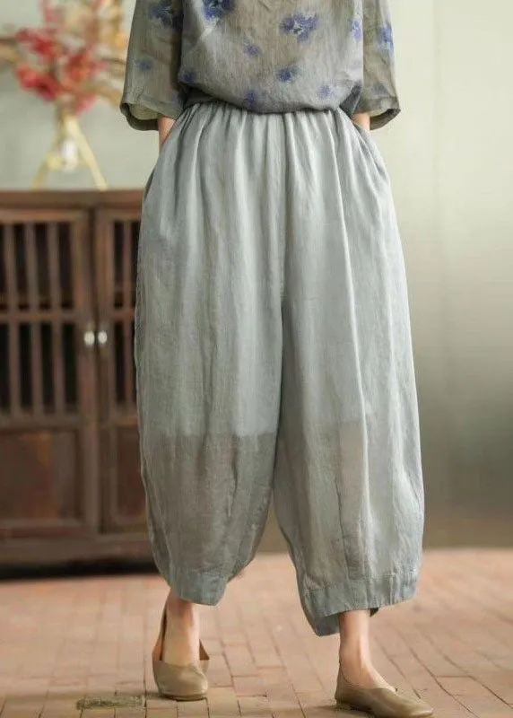 Grey Patchwork Linen Tops And Pants Two Pieces Set O Neck Summer LY4133