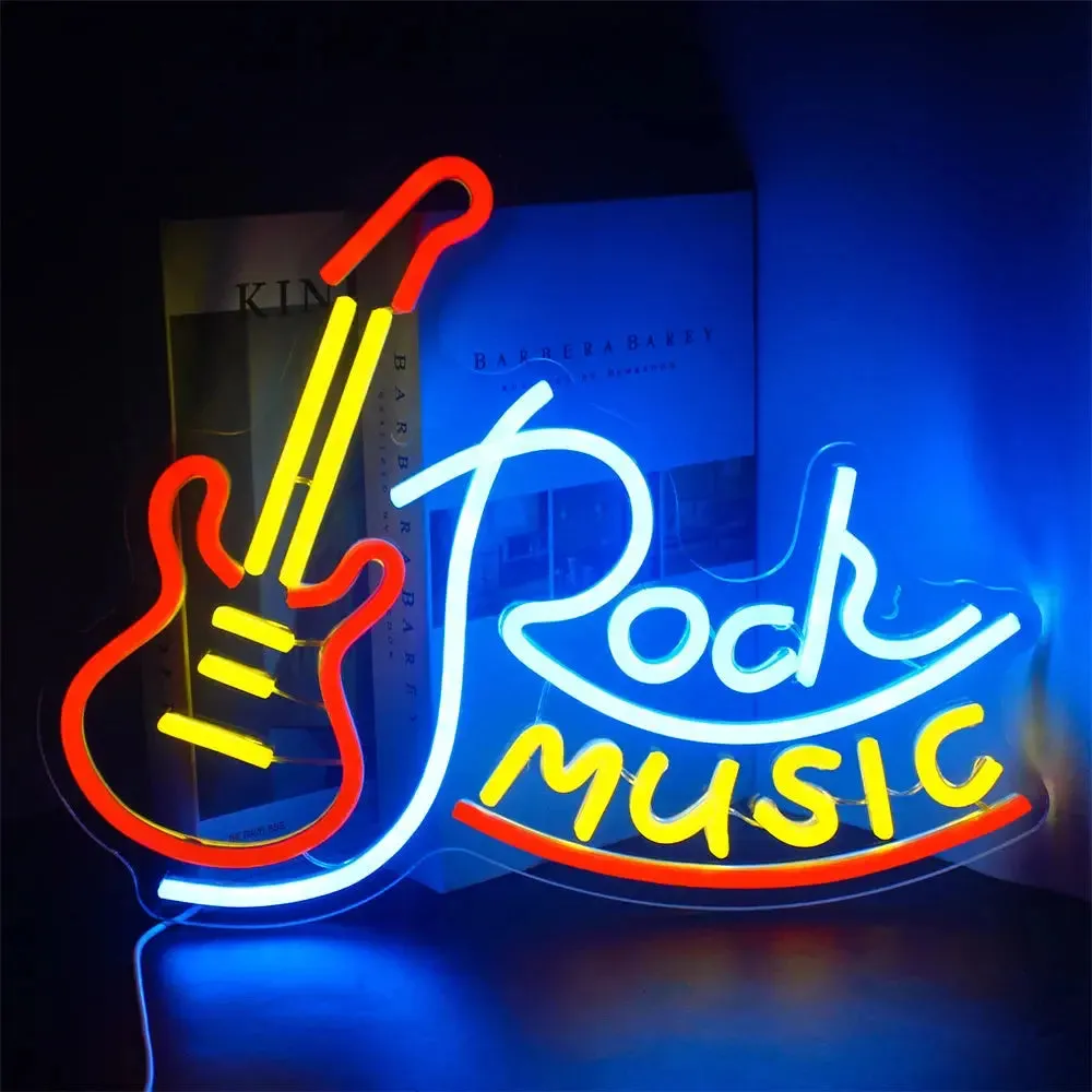 Guitar Rock and Roll Neon Signs Music Led Neon Light Art Wall Decor for Game Room Music Party Rock Studio Bar Disco Party Neon