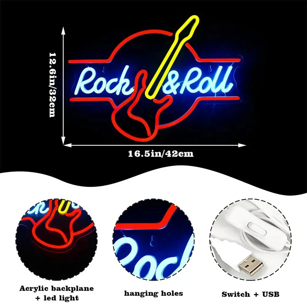 Guitar Rock and Roll Neon Signs Music Led Neon Light Art Wall Decor for Game Room Music Party Rock Studio Bar Disco Party Neon