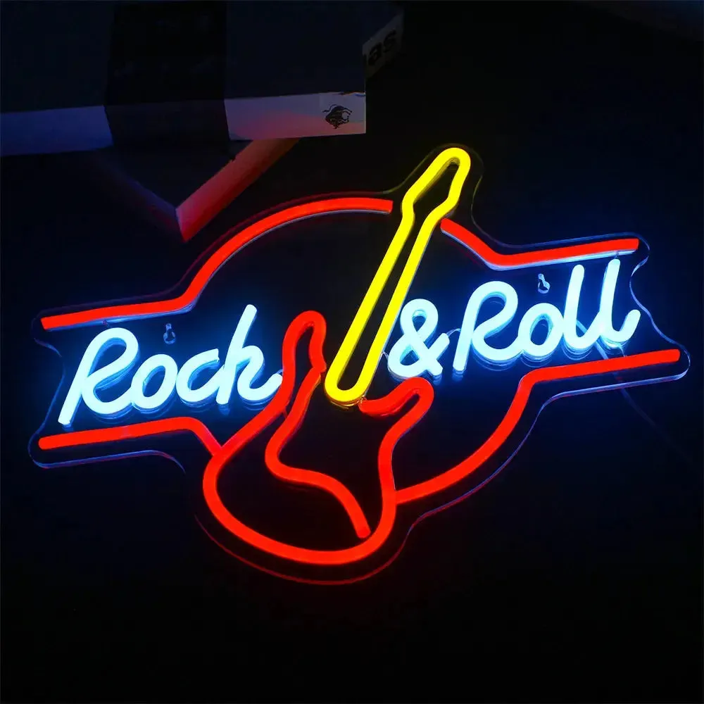 Guitar Rock and Roll Neon Signs Music Led Neon Light Art Wall Decor for Game Room Music Party Rock Studio Bar Disco Party Neon