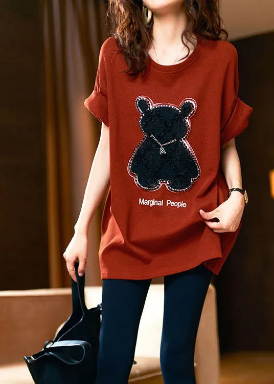 Handmade Orange O Neck Zircon Patchwork Cotton T Shirt Tops Summer LY3854