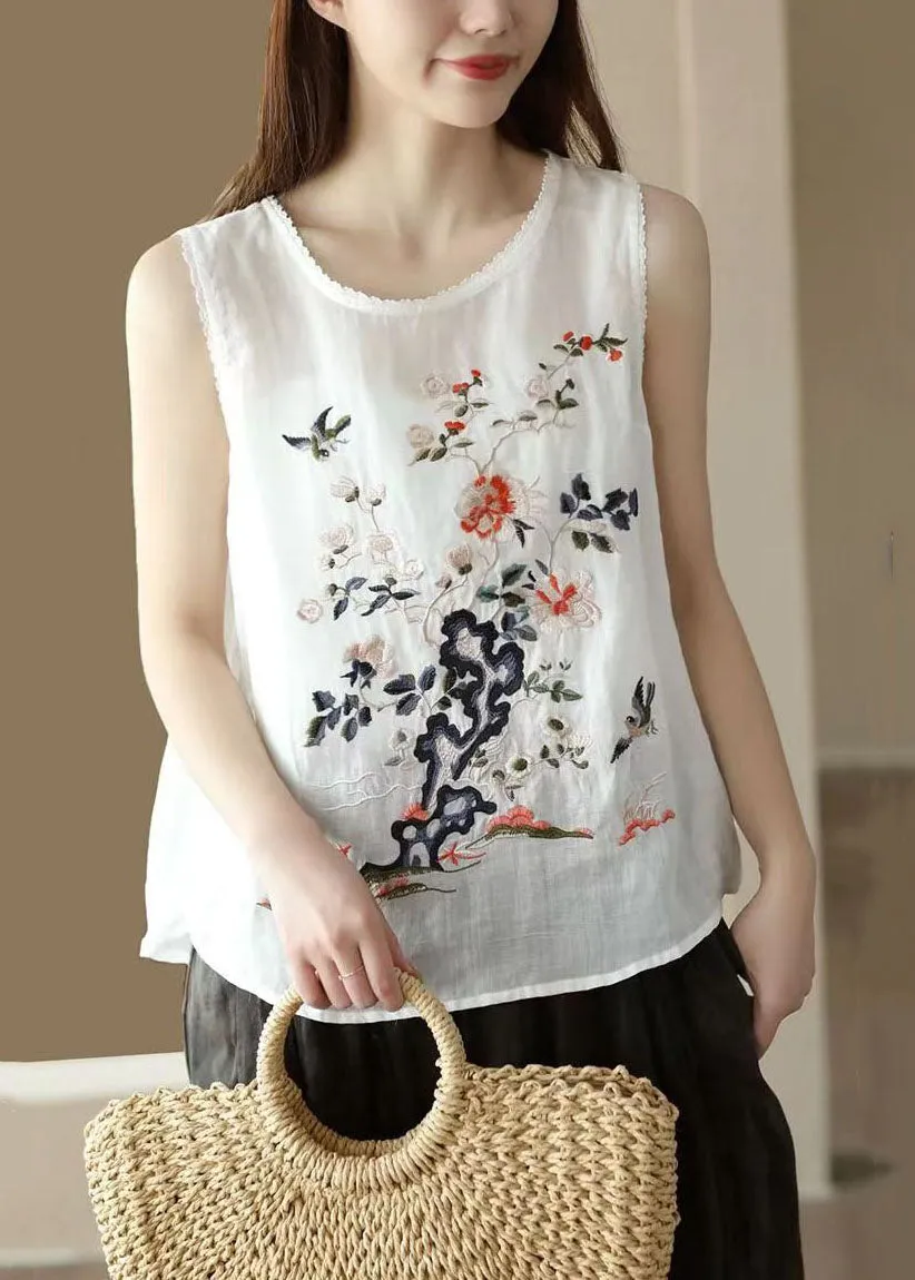 Handmade White O Neck Embroideried Patchwork Linen Tops Summer LY7883