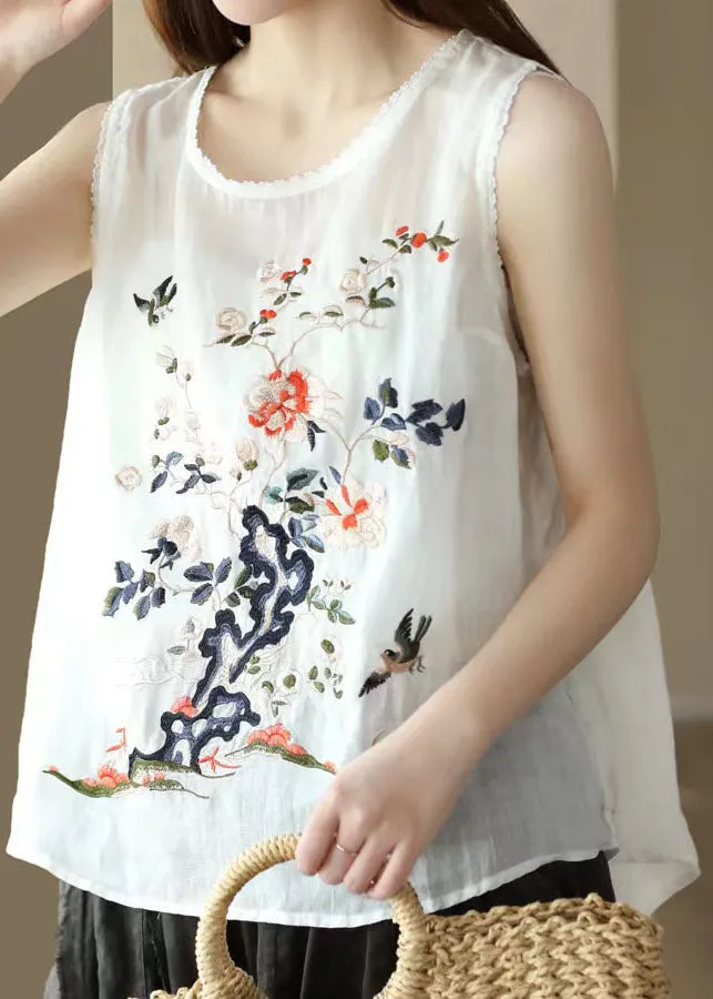 Handmade White O Neck Embroideried Patchwork Linen Tops Summer LY7883