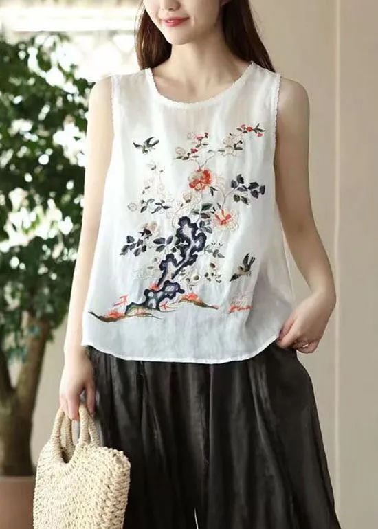 Handmade White O Neck Embroideried Patchwork Linen Tops Summer LY7883