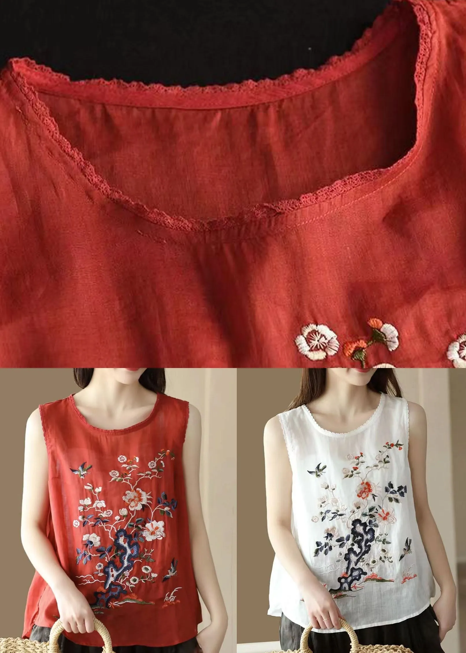 Handmade White O Neck Embroideried Patchwork Linen Tops Summer LY7883