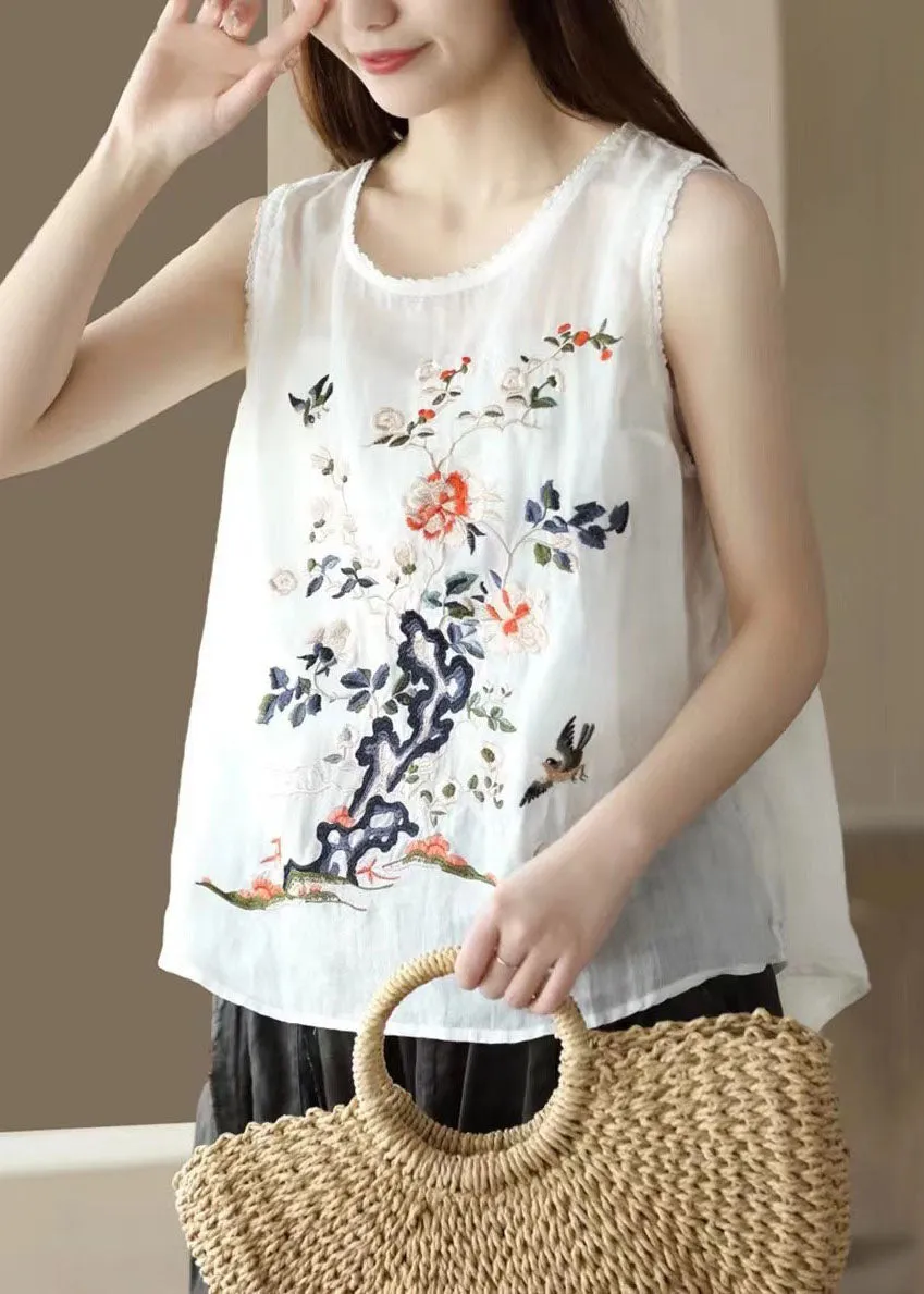 Handmade White O Neck Embroideried Patchwork Linen Tops Summer LY7883