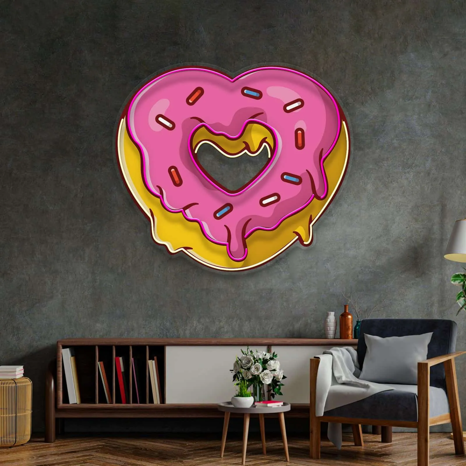 Heart Donut Neon Sign,Pink Icing and Colorful Sprinkles  Perfect for Kitchens, Cafes, and Bakeries