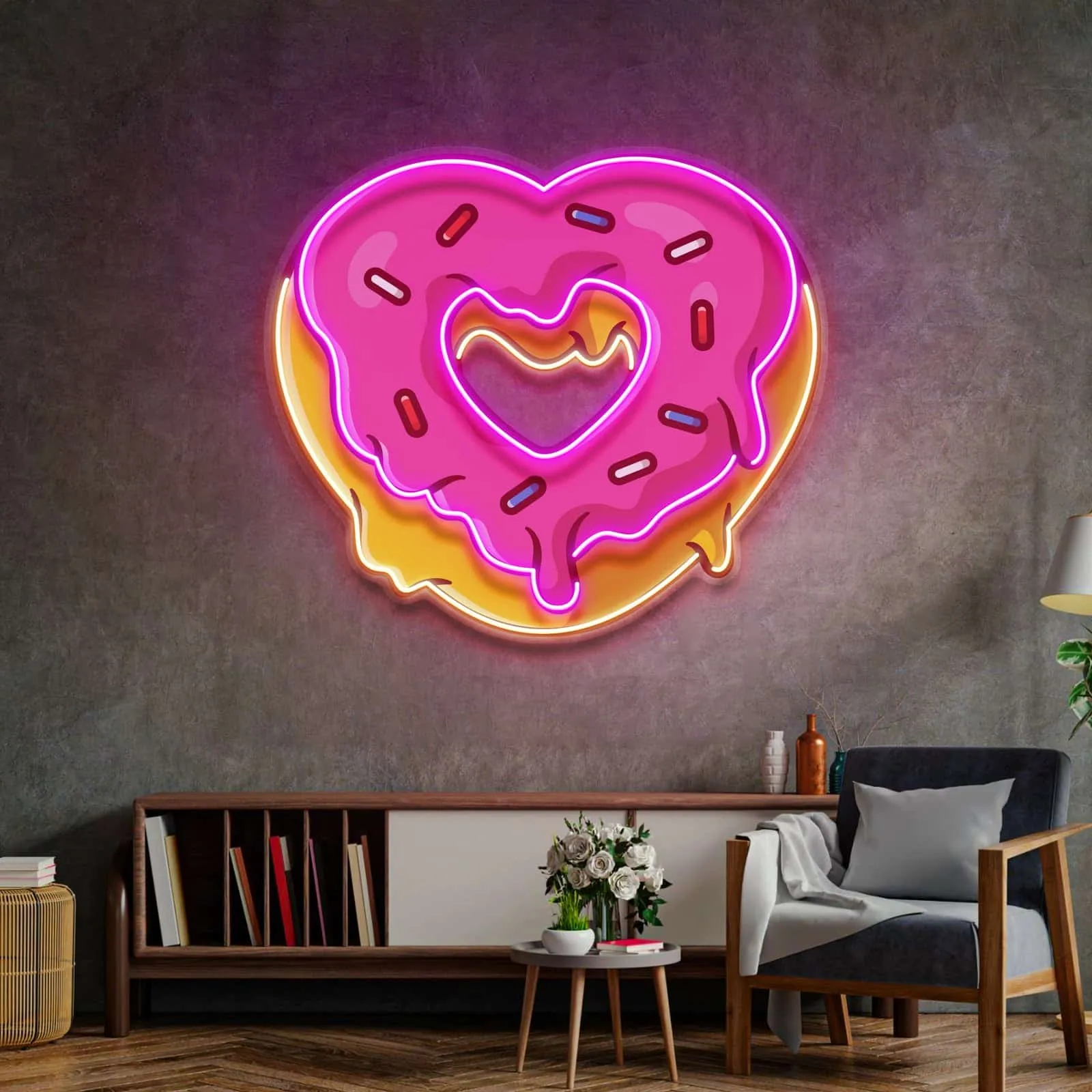 Heart Donut Neon Sign,Pink Icing and Colorful Sprinkles  Perfect for Kitchens, Cafes, and Bakeries