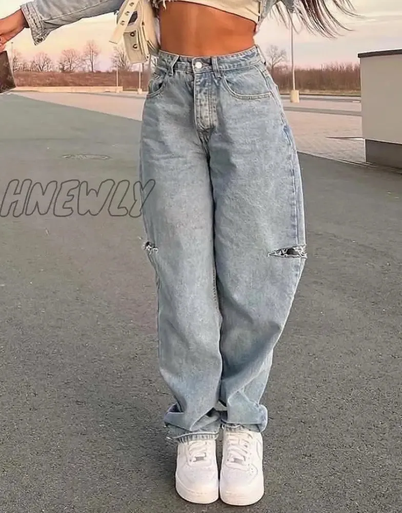 Hnewly Jeans Women's Summer Y2k Baggy Straight Hole Denim Trousers High Waist Ripped Jeans Pants Skorean Clothes Streetwear Vintage New