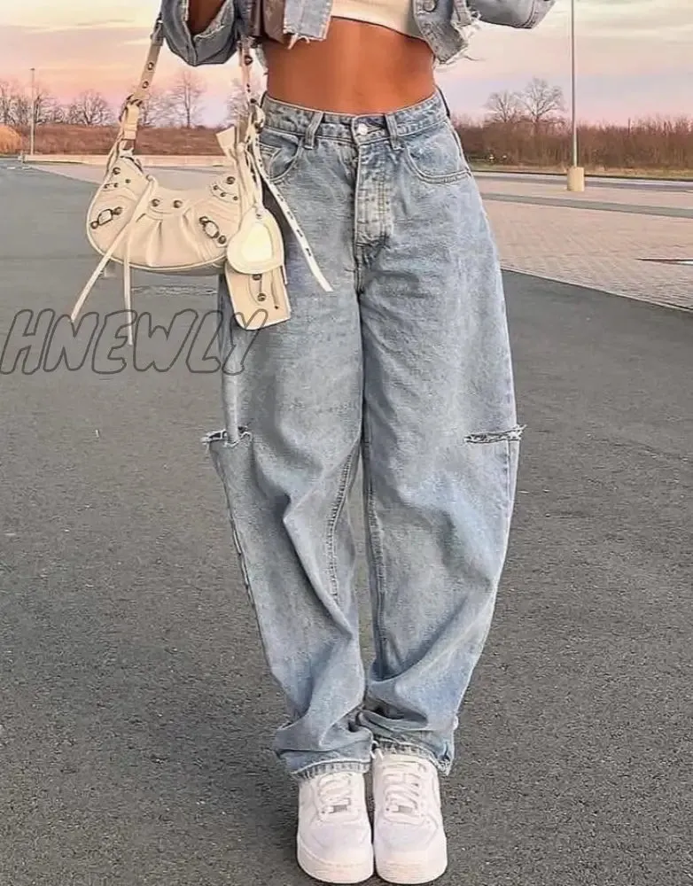 Hnewly Jeans Women's Summer Y2k Baggy Straight Hole Denim Trousers High Waist Ripped Jeans Pants Skorean Clothes Streetwear Vintage New