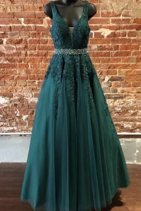 kamahe Deep Green Prom Dresses, Tulle Lace V Neck Long Prom Dress Formal Dress