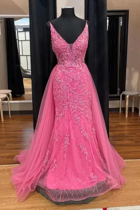 kamahe Pink Corset Prom Dress Elegnat A Line Deep V Neck Party Evening Dress with Appliques