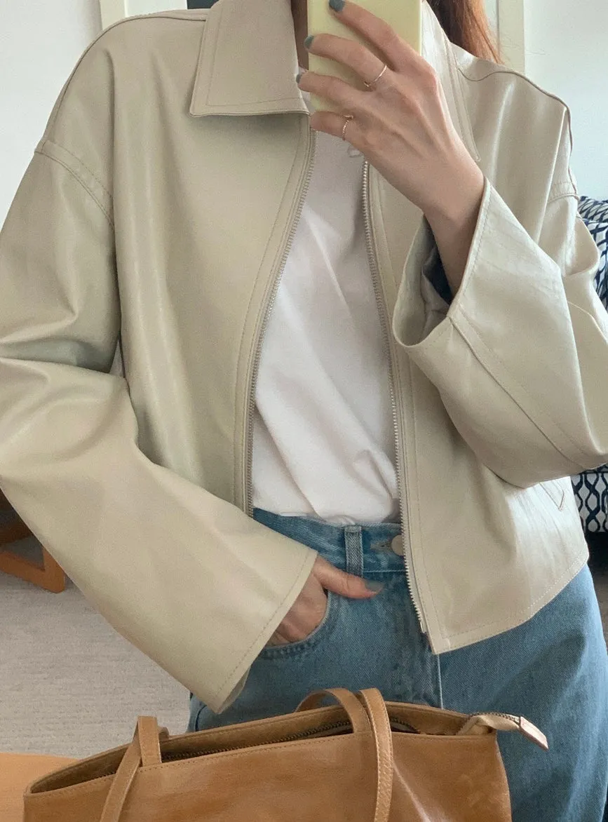 [Korean Style] Faux Leather Dropped Shoulder Zipper Crop Jacket