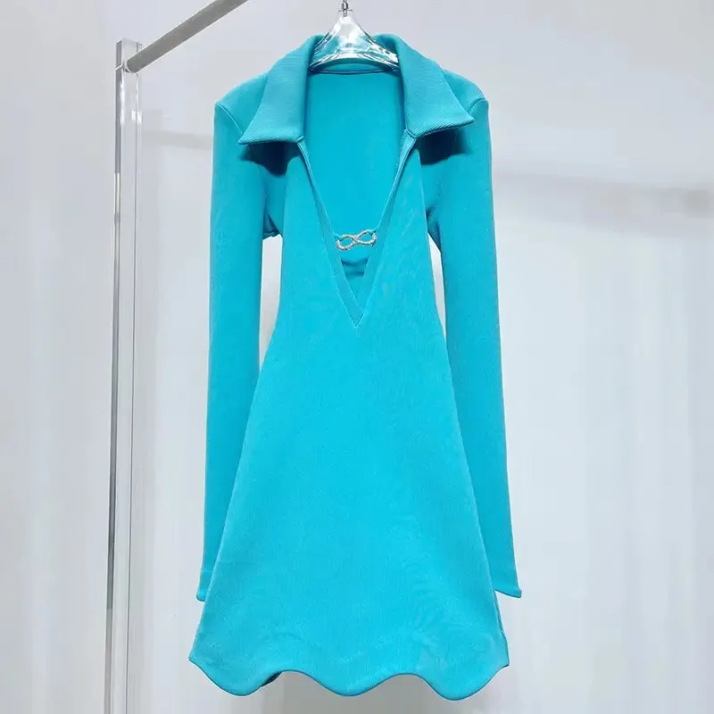 Lapel deep v-neck rhinestone long sleeve women dress