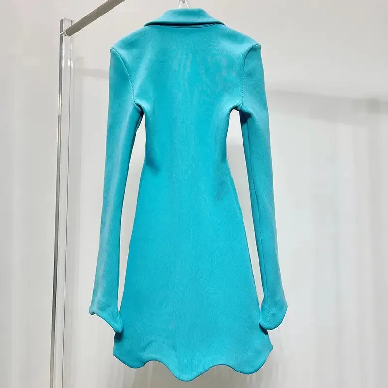 Lapel deep v-neck rhinestone long sleeve women dress