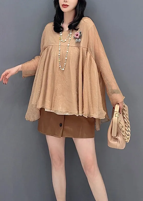 Loose Khaki O-Neck Patchwork Tulle Tops Long Sleeve LC0322