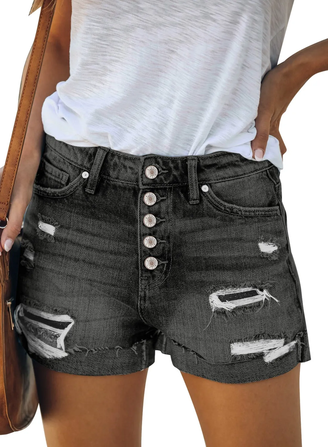 luvamia Women Casual Stretchy Denim Shorts High Waisted Ripped Button Jeans Shorts