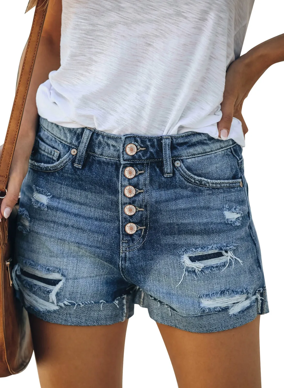 luvamia Women Casual Stretchy Denim Shorts High Waisted Ripped Button Jeans Shorts