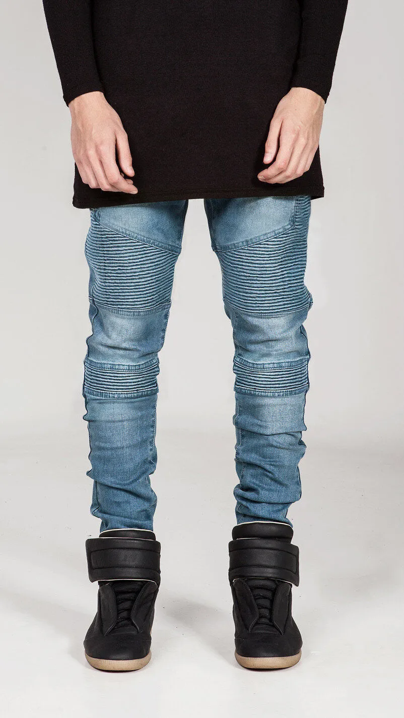 Men Ripped Slim Straight Fit Biker Jeans With Zipper