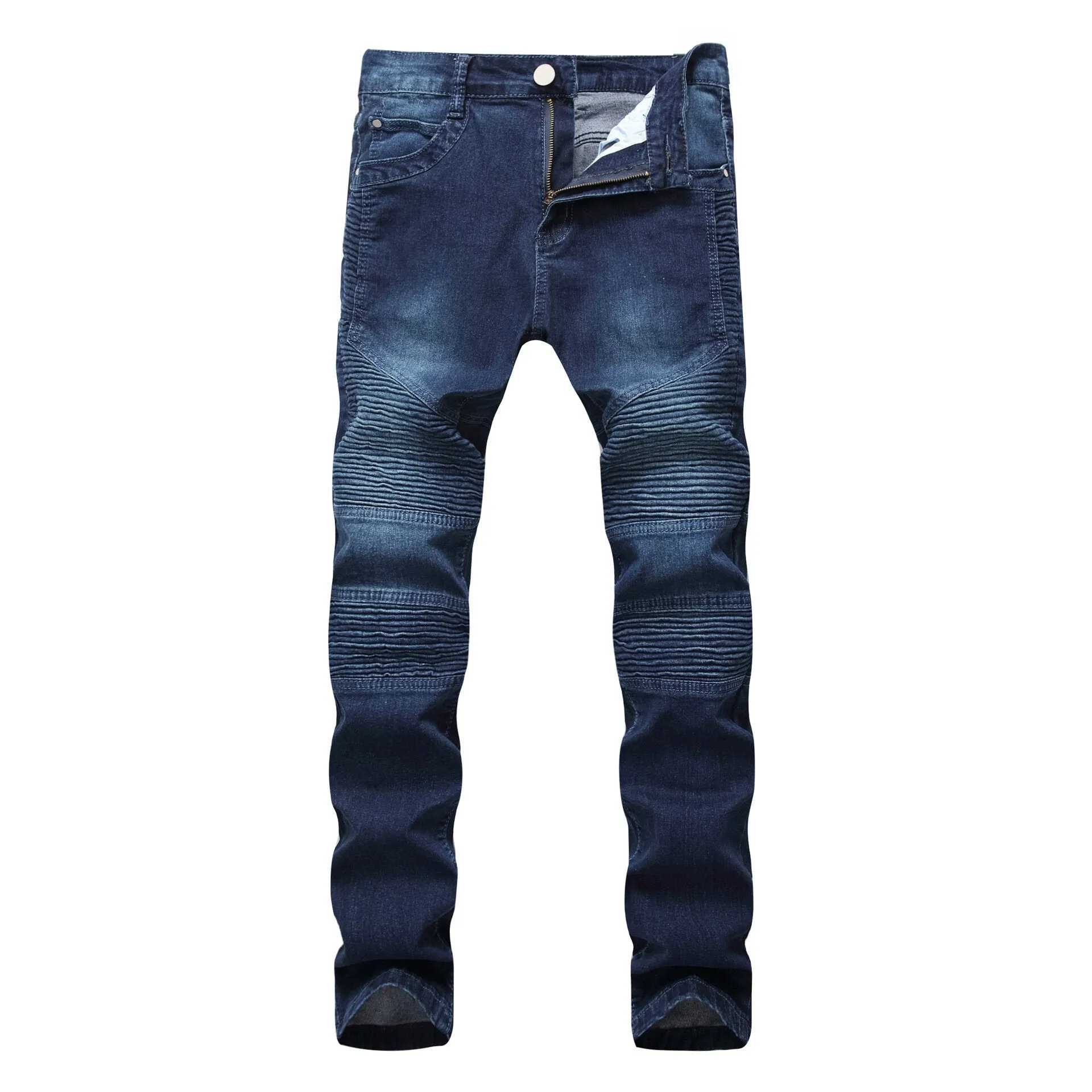 Men Ripped Slim Straight Fit Biker Jeans With Zipper