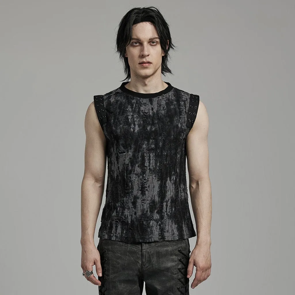 Men's Gothic Punk Ripped Eyelet Black Grey Tank Top