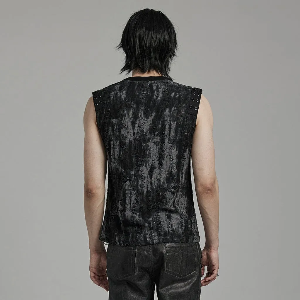 Men's Gothic Punk Ripped Eyelet Black Grey Tank Top