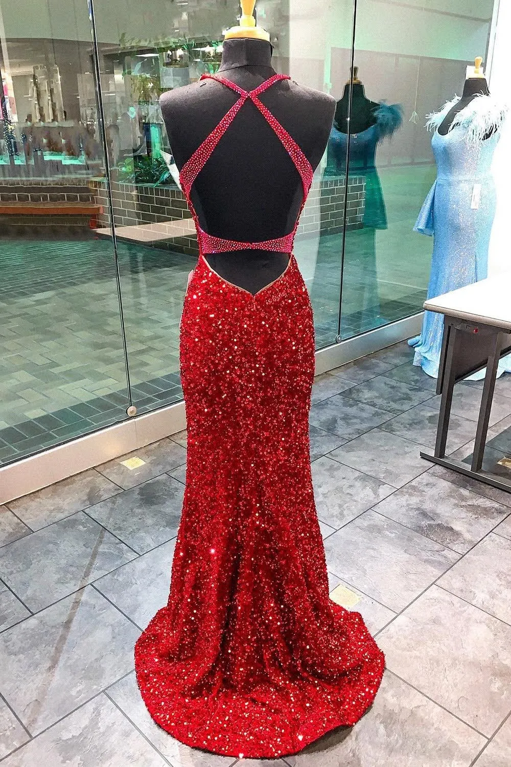 Mermaid Deep V Neck Red Sequins Long Prom Dress with Open Back