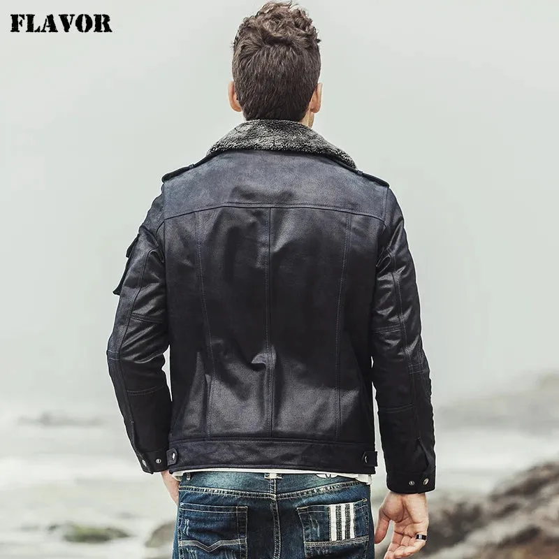 Motorcycle Genuine Leather Jacket with Faux Fur Shearling