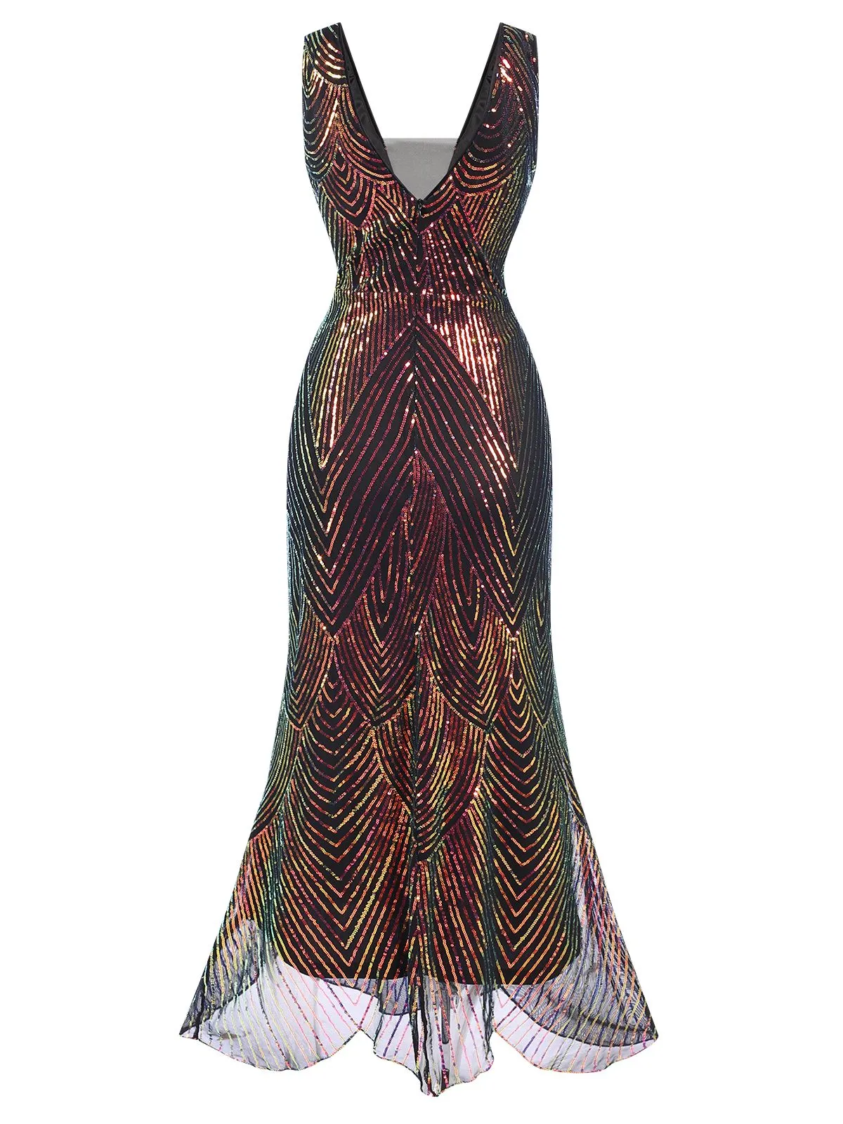 Multicolor 1920s V-Neck Sequined Fishtail Dress