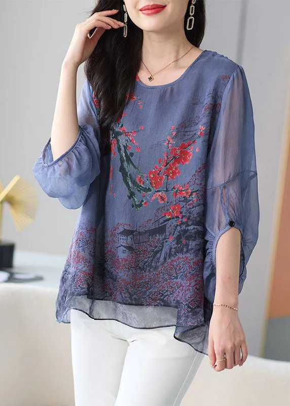 Natural Grey O Neck Print Patchwork Chiffon Shirt Tops Lantern Sleeve LY8187