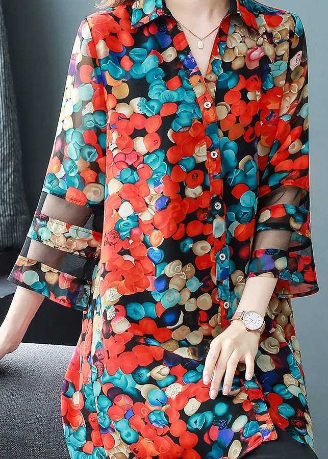 Natural Red Peter Pan Collar Print Patchwork Chiffon Shirts Tops Bracelet Sleeve TF1033