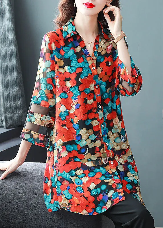 Natural Red Peter Pan Collar Print Patchwork Chiffon Shirts Tops Bracelet Sleeve TF1033