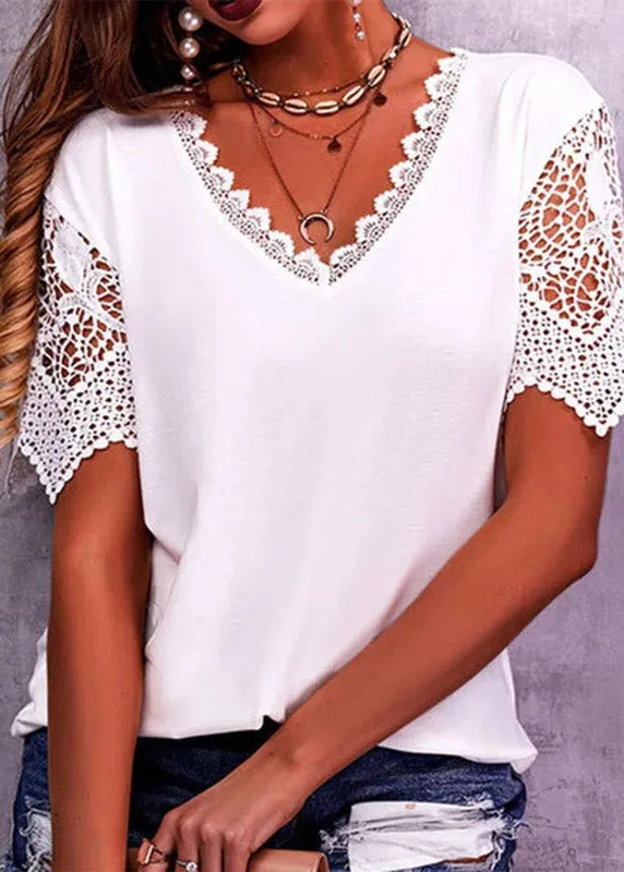 Natural Yellow V Neck Lace Patchwork Tops Summer LY3874