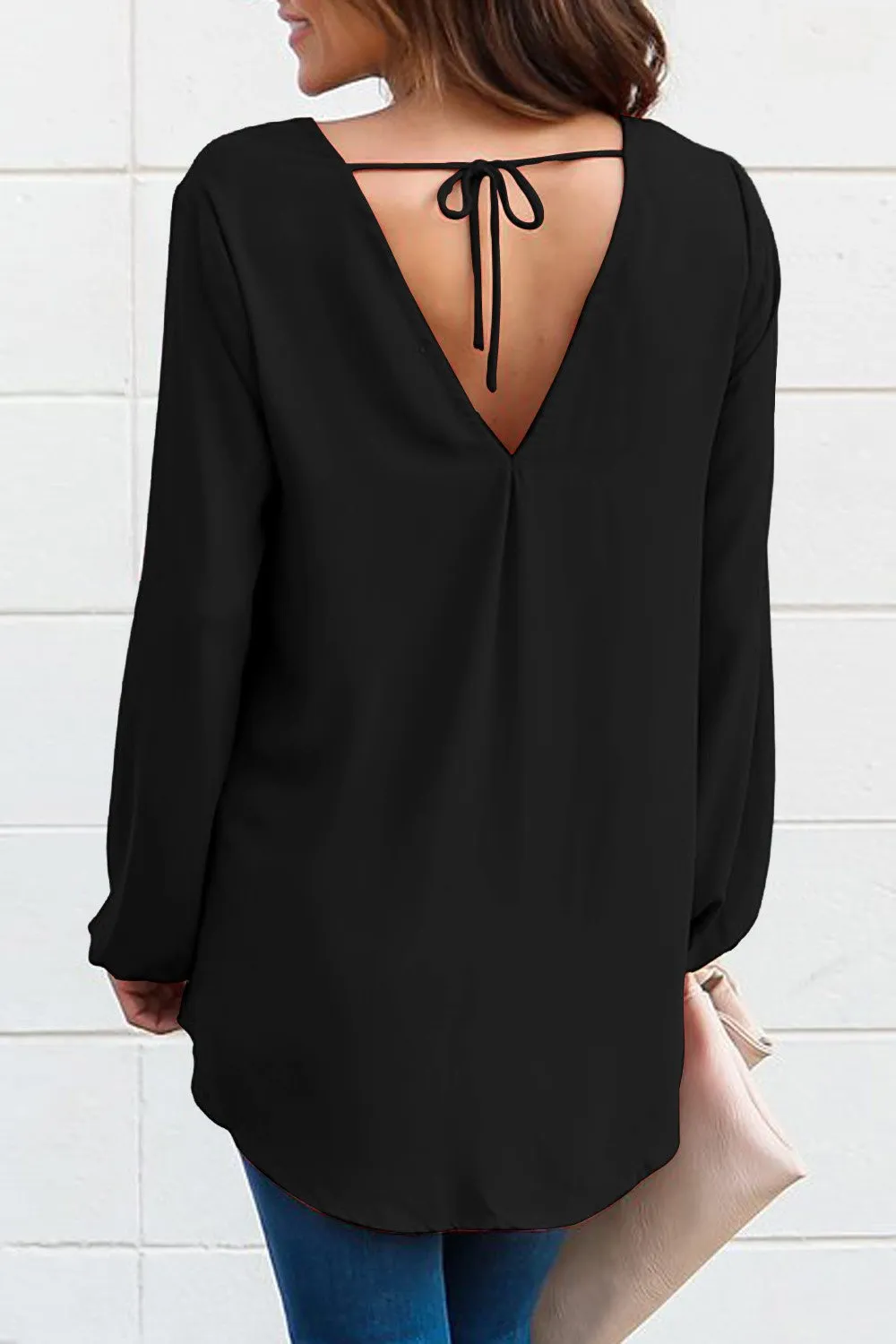 New Black Long Sleeve Twist Front Slit Blouse